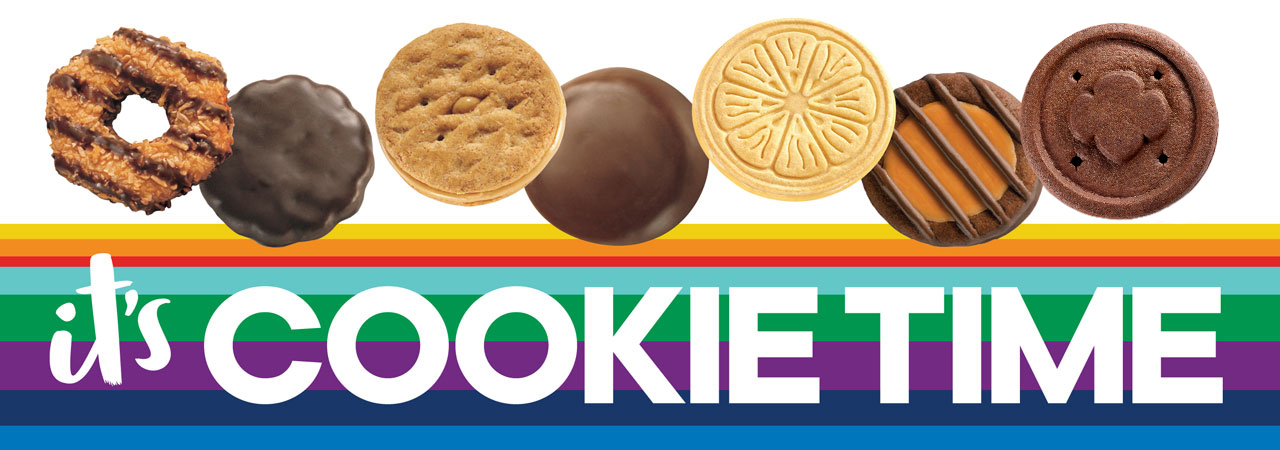 Girl Scout Cookies in a row with text, it's COOKIE TIME